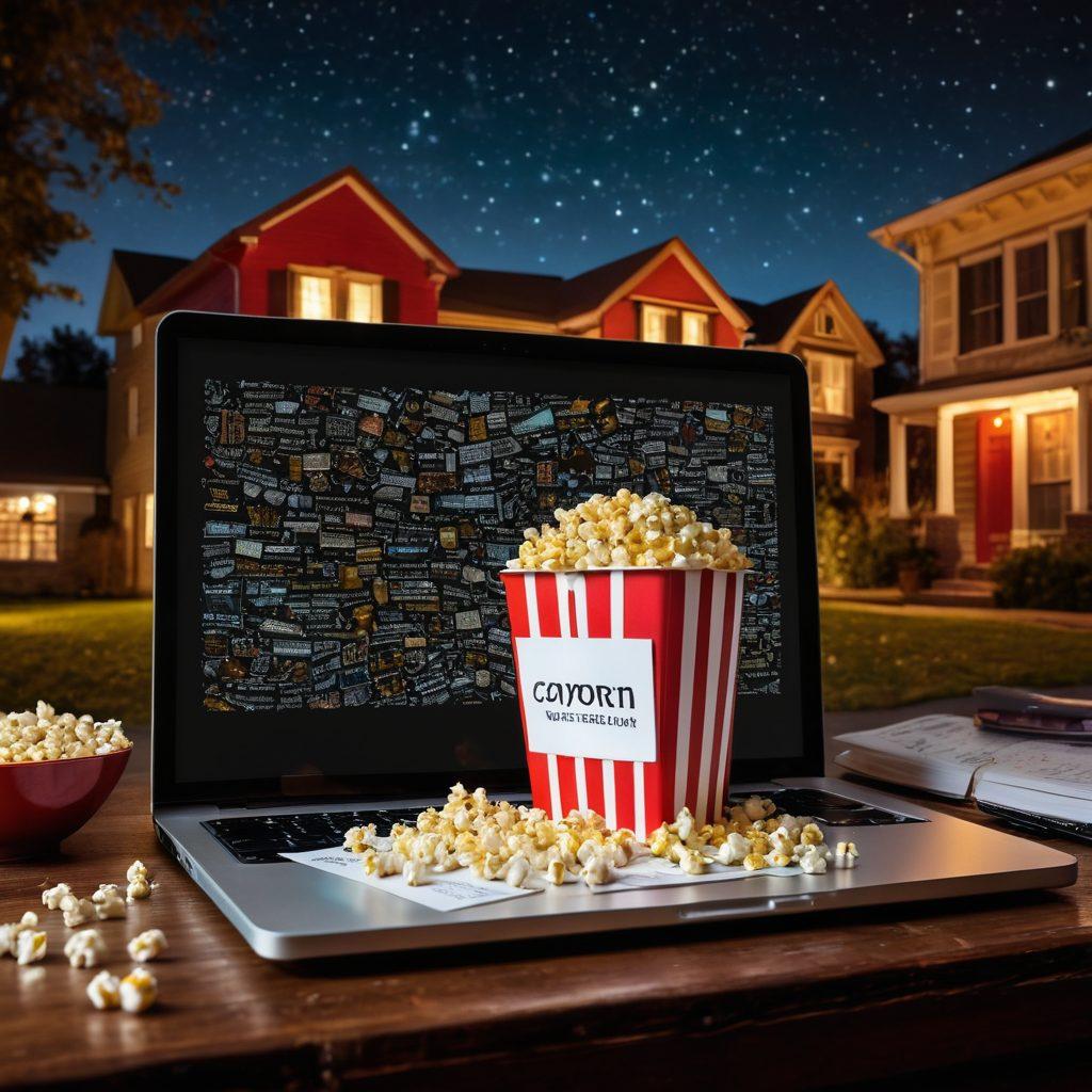 A captivating film reel unfurling, surrounded by scattered popcorn and a glowing laptop displaying a movie streaming interface. In the background, subtle hints of classic movie posters are visible, blending into a night sky filled with stars. A clipboard with scribbled notes about film critiques rests nearby, symbolizing cinematic analysis. The color palette should evoke excitement with bold reds and yellows against a dark backdrop. vibrant colors. cinematic style. digital illustration.