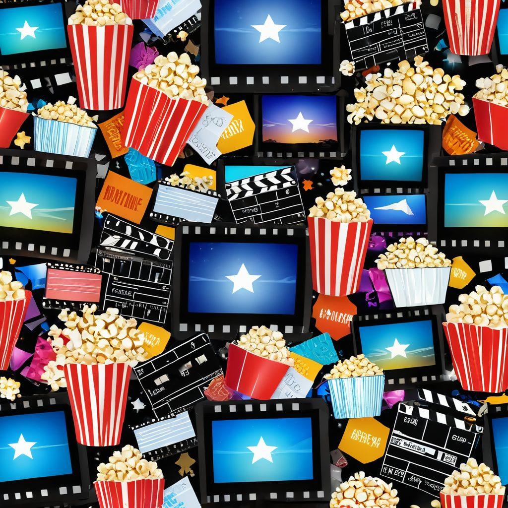 A vibrant collage of classic and modern film reels, popcorn, and a computer screen displaying various movie genres. Include elements of excitement like stars and clapperboards, surrounded by a digital landscape representing the online world of free movies. Infuse the image with cinematic colors that evoke entertainment and adventure. super-realistic. vibrant colors. 3D.